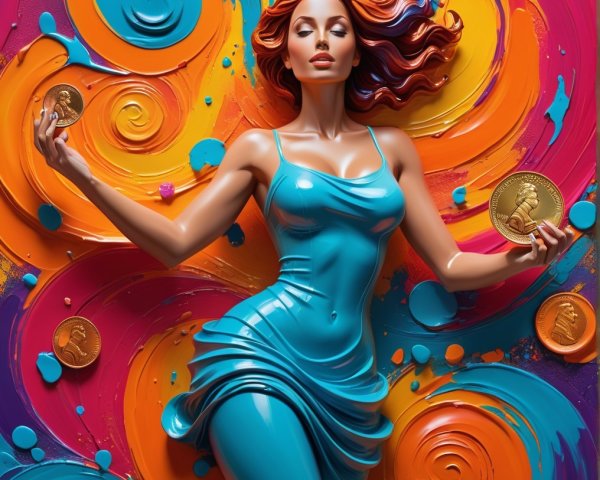 Woman with Red Hair in Glossy Blue Dress and Coins