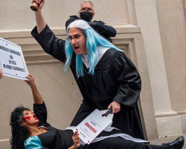 Courthouse Scene with Judge, Protester, and Police Officer