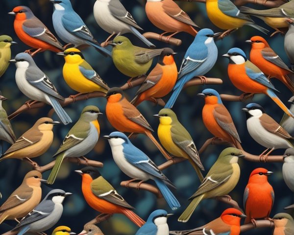 Vibrant Bird Species Collage with Colorful Patterns