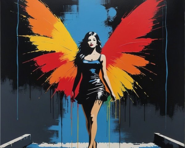 Woman in Black Dress with Colorful Wings on Staircase