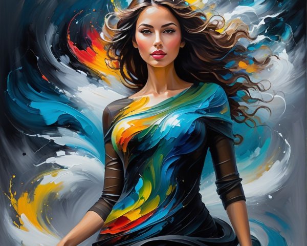 Vibrant Woman in Colorful Dress with Dynamic Background