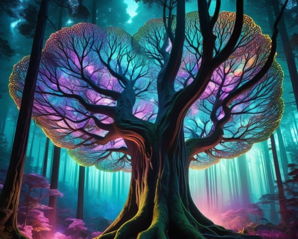 Ancient Gnarled Tree with Glowing Roots in Fantasy Forest