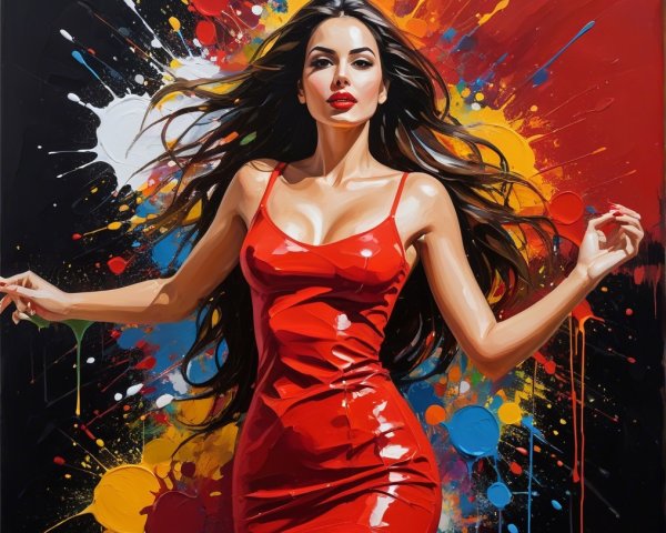 Female Figure in Red Dress with Colorful Background