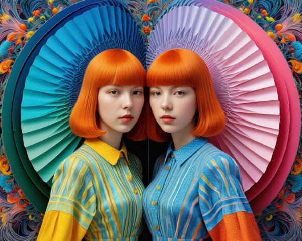 Identical Figures with Orange Hair and Striped Dresses