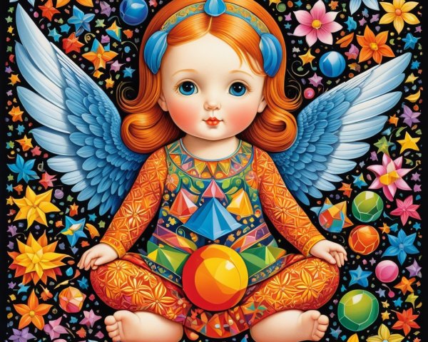 Colorful Baby Angel Surrounded by Flowers and Stars