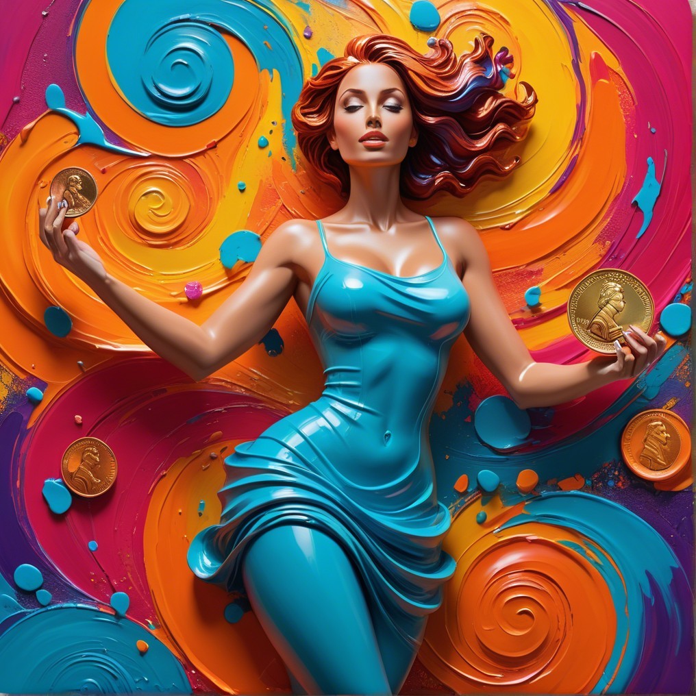 Woman with Red Hair in Glossy Blue Dress and Coins