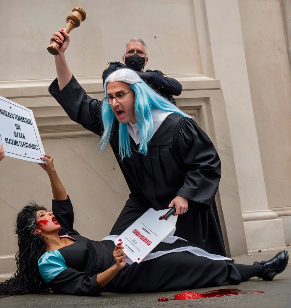 Courthouse Scene with Judge, Protester, and Police Officer