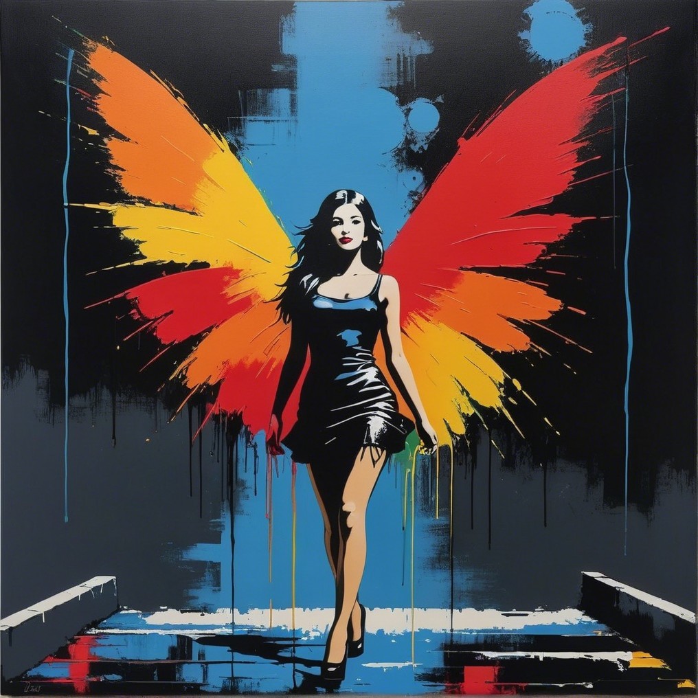 Woman in Black Dress with Colorful Wings on Staircase