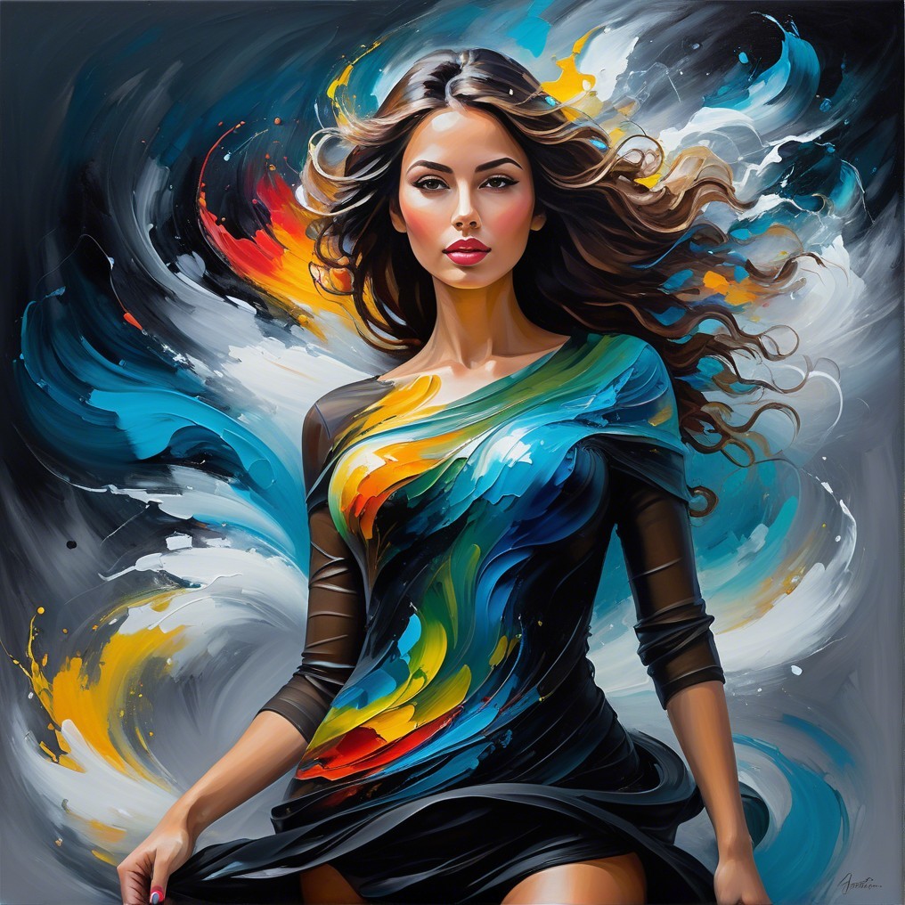 Vibrant Woman in Colorful Dress with Dynamic Background