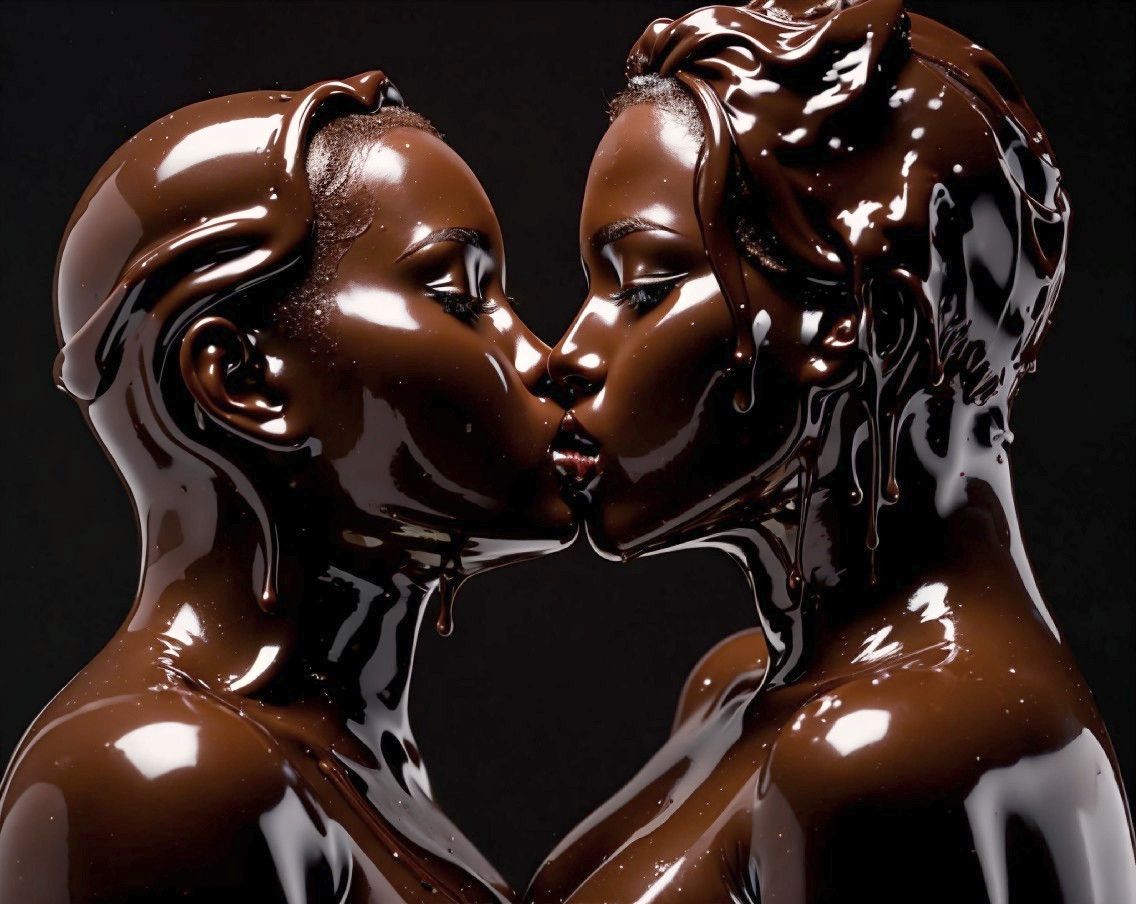 Glossy figures in close embrace kissing against dark background