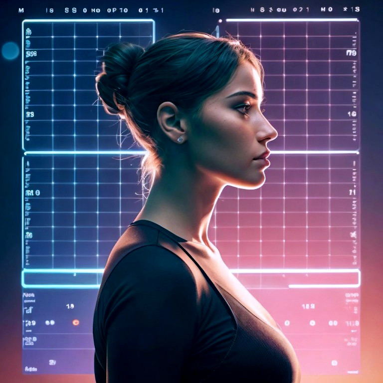 Woman with bun against neon-lit futuristic backdrop and data graphics.