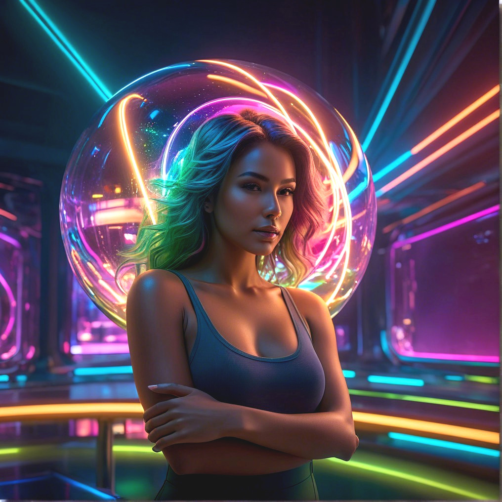 Woman with Flowing Hair in Neon Futuristic Setting