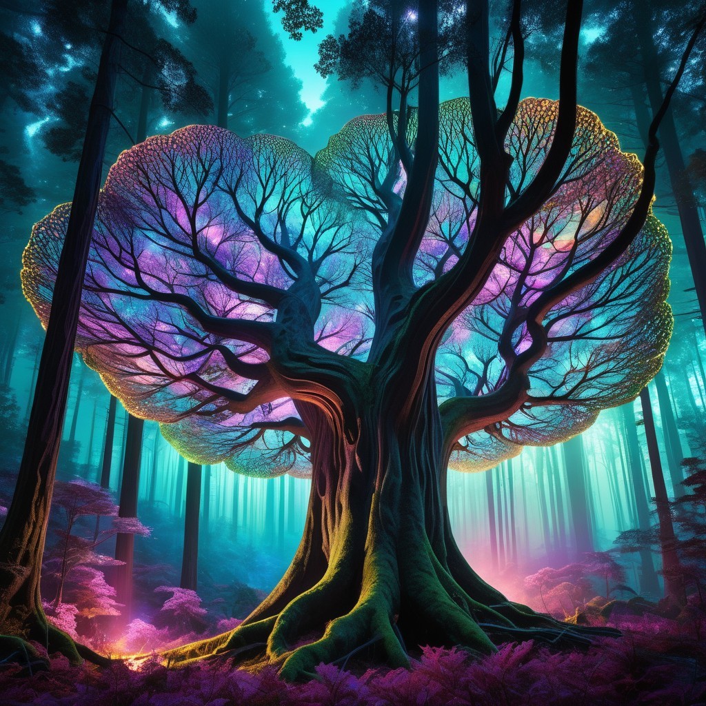 Ancient Gnarled Tree with Glowing Roots in Fantasy Forest
