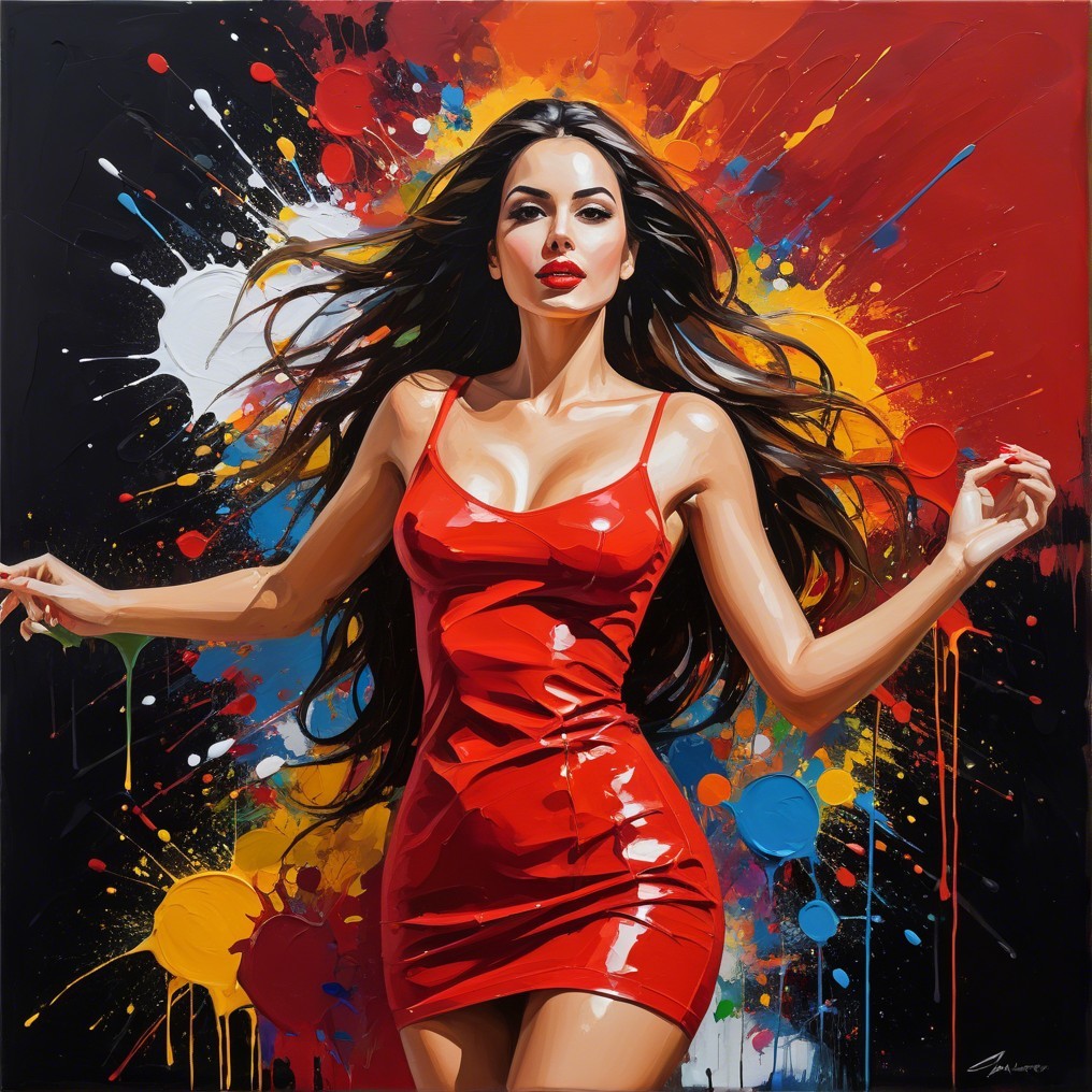Female Figure in Red Dress with Colorful Background