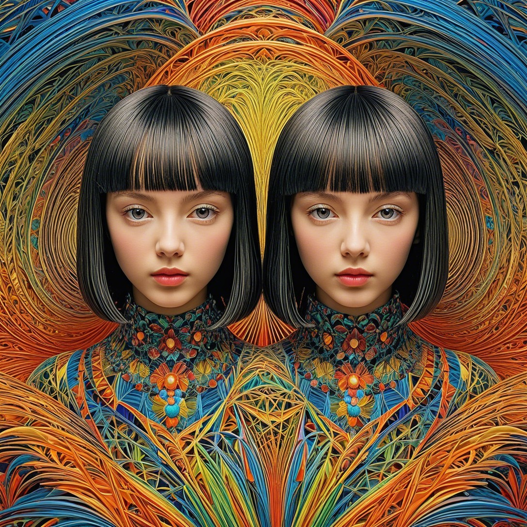 Symmetrical Portrait of Identical Young Women in Colorful Garments