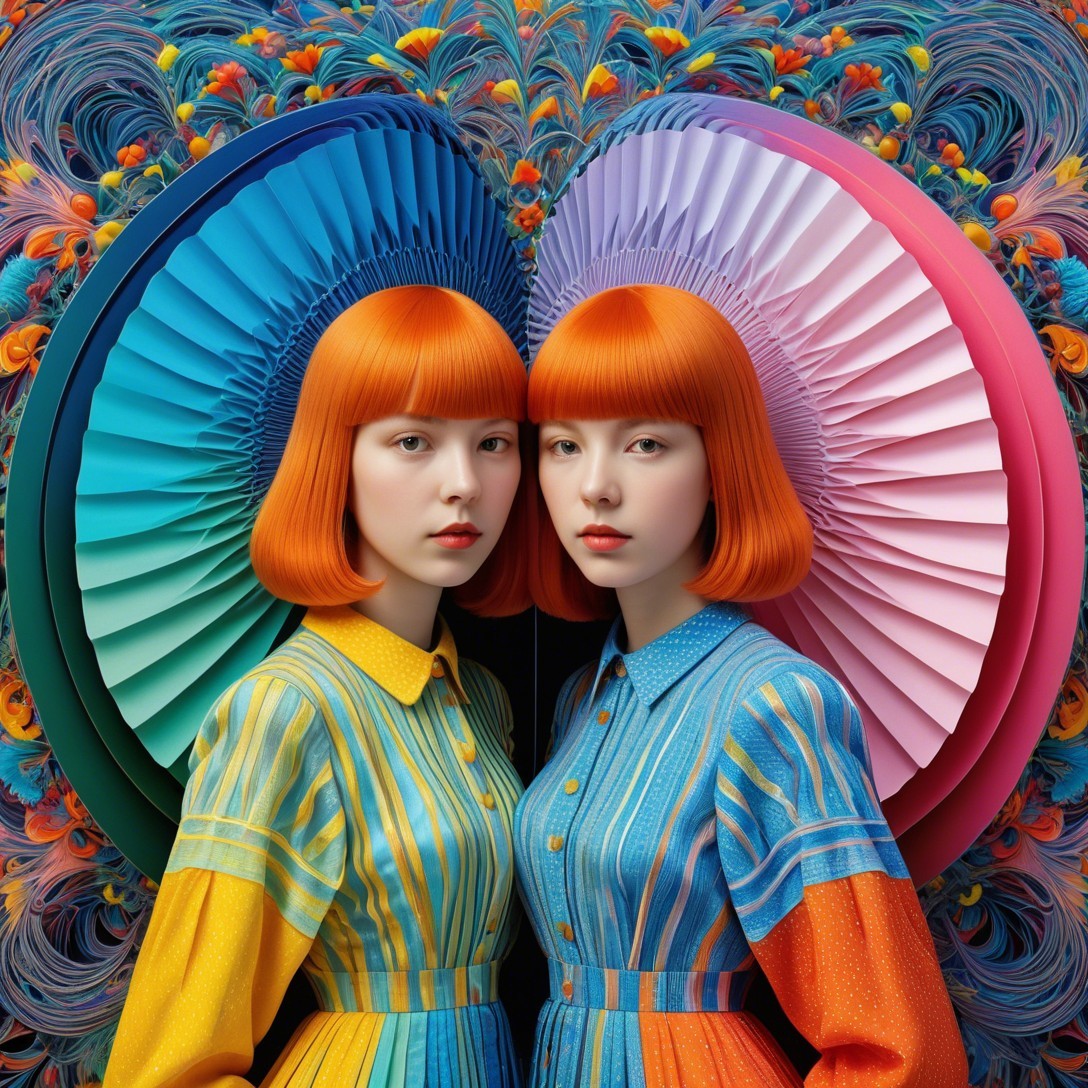 Identical Figures with Orange Hair and Striped Dresses