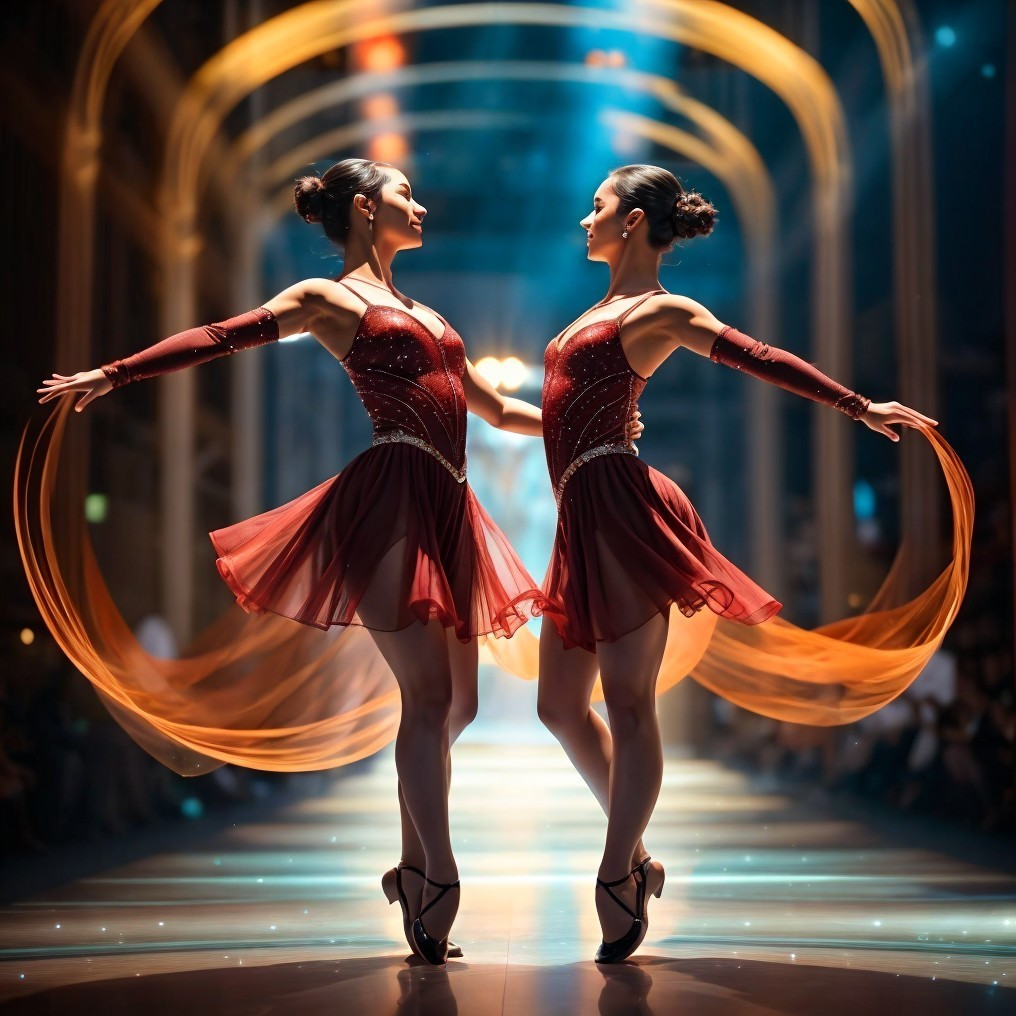 Two dancers in red costumes smiling, performing on stage with circular arch.