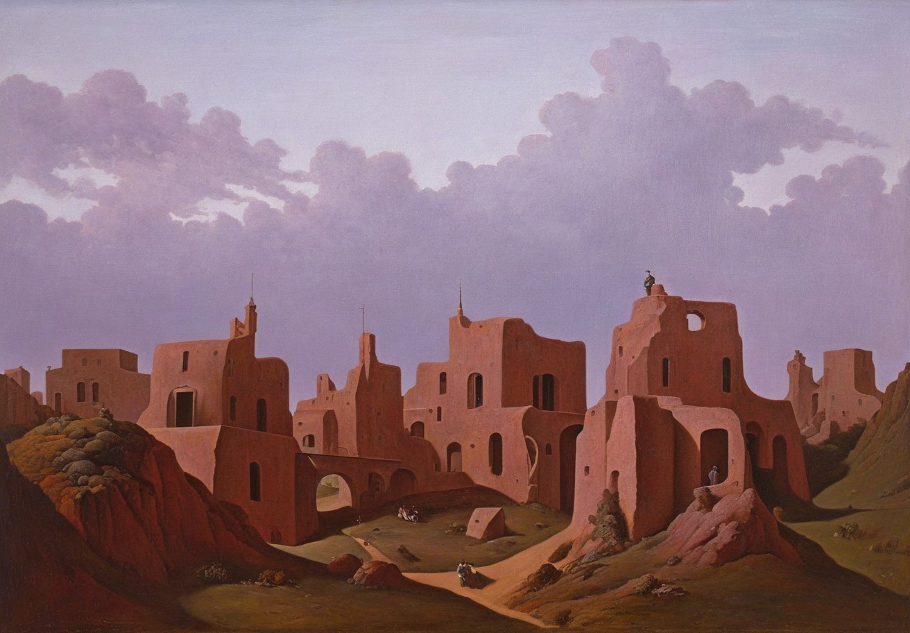 Ancient Ruins in Expansive Landscape with Dramatic Sky
