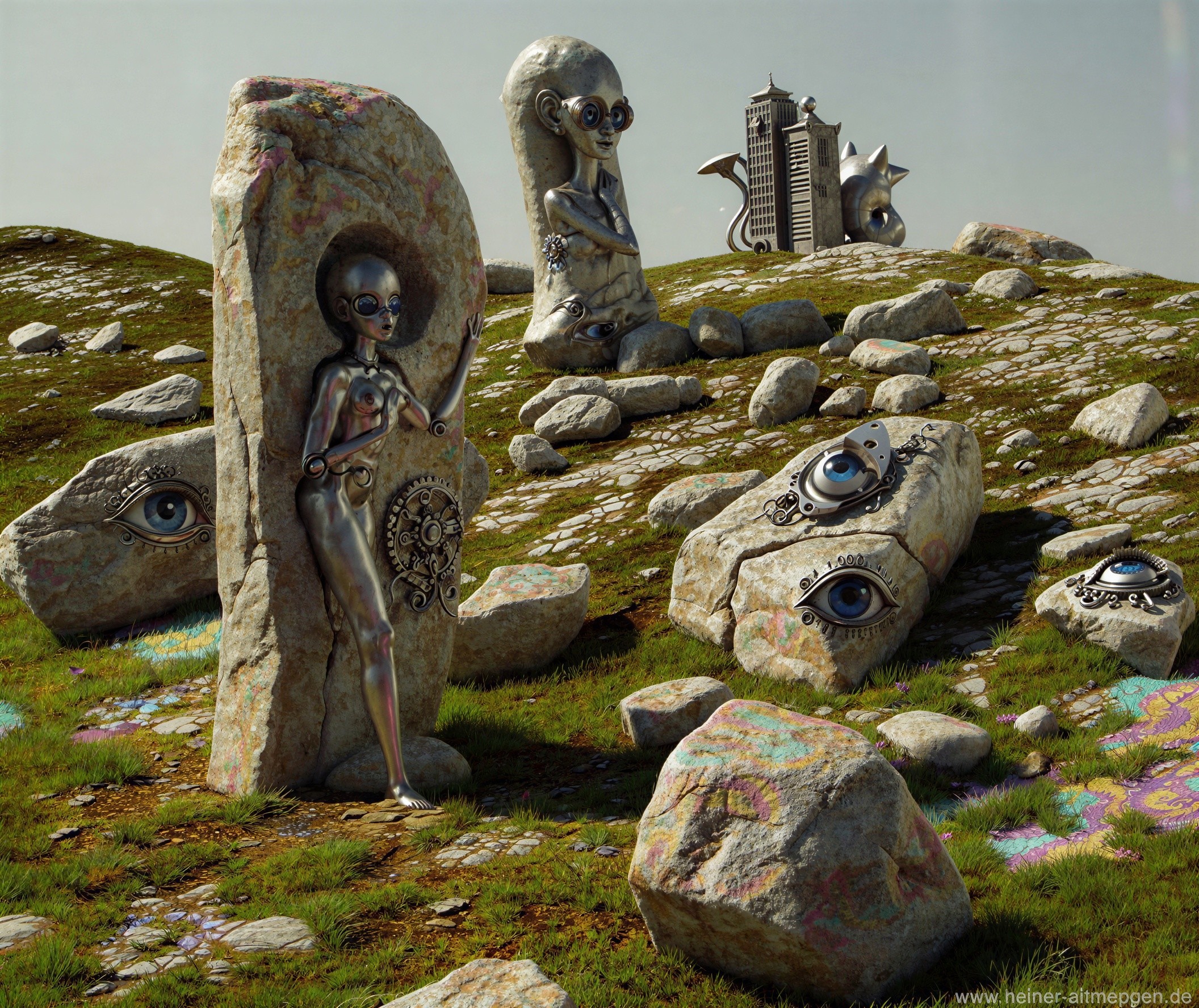 Surreal 3D Alien Landscape with Metallic Figures