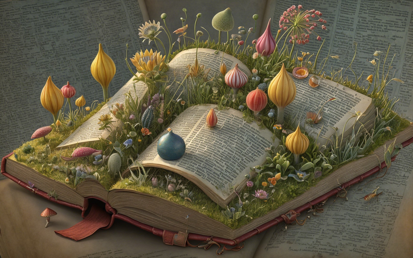 Open book with vibrant floral and plant illustrations
