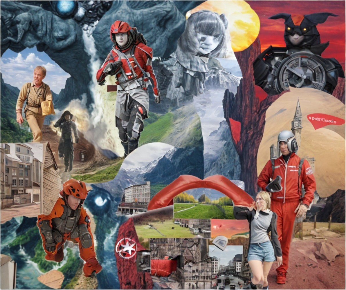 Dynamic Collage of Futuristic Adventure Scenes