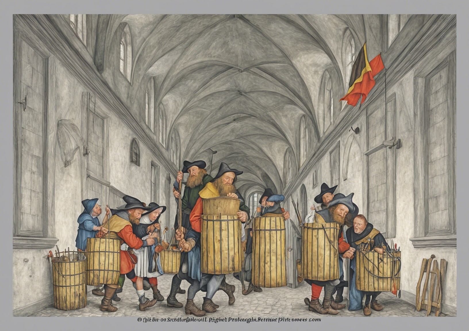 Digital Painting of Peasants in Medieval Hallway