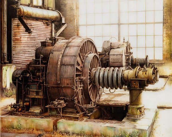 Old Rusty Steam Engine in Abandoned Industrial Factory