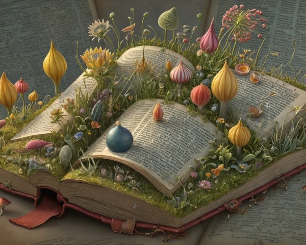 Open book with vibrant floral and plant illustrations