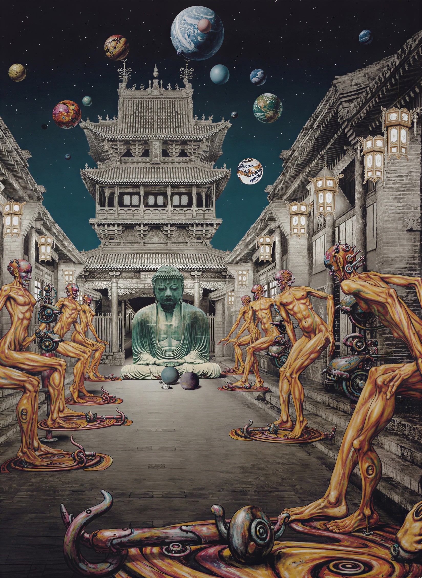 Surrealist Painting of Buddha in Temple Courtyard