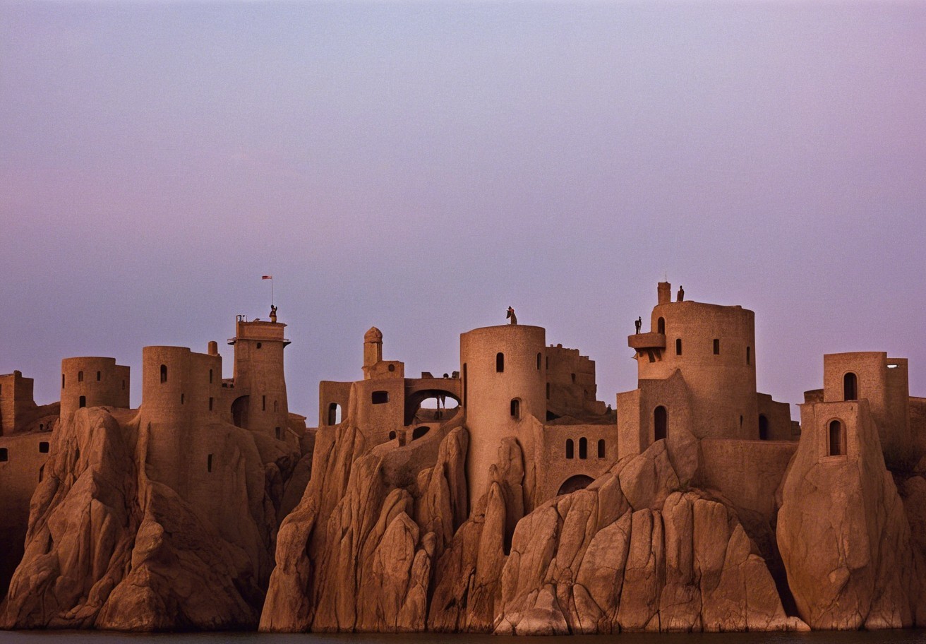 Majestic fortress complex on rugged cliffs at dusk