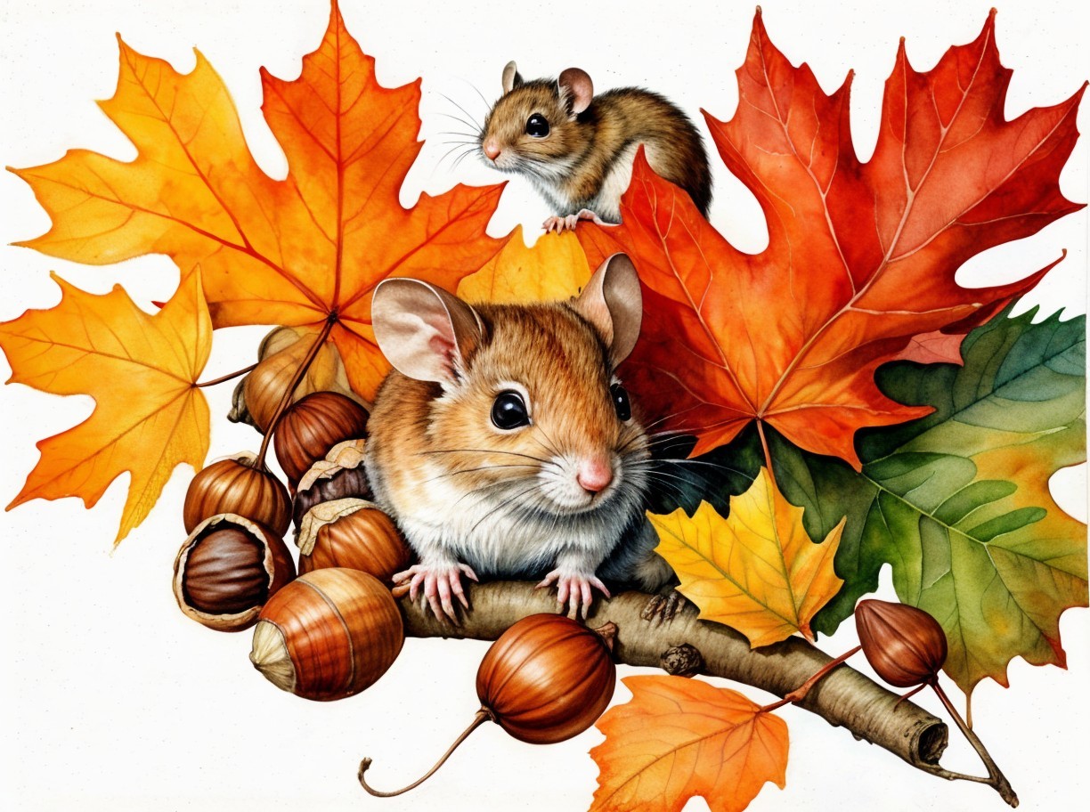 Mice in a Cozy Autumn Setting with Colorful Leaves