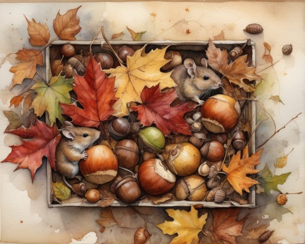 Whimsical Illustration of Mice Among Autumn Leaves