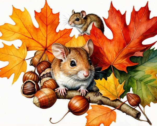 Mice in a Cozy Autumn Setting with Colorful Leaves