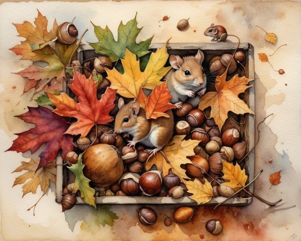 Charming Illustration of Mice in Autumn Leaves Box