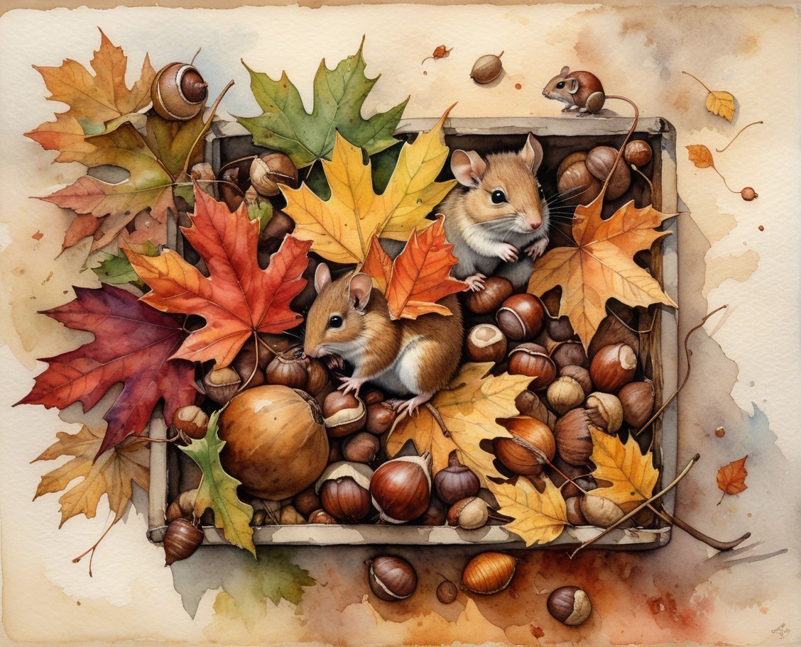 Charming Illustration of Mice in Autumn Leaves Box