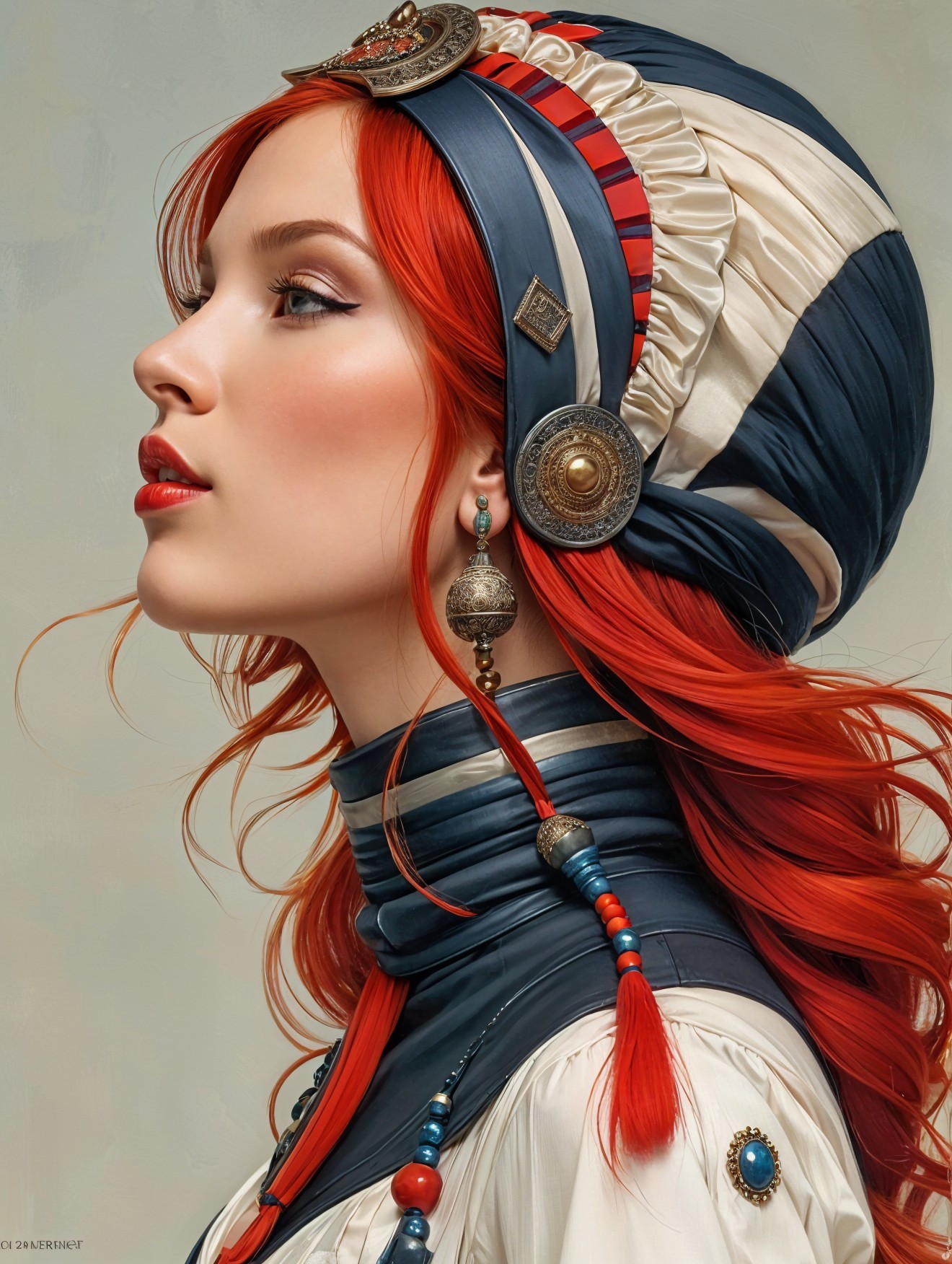 Elegant Woman with Red Hair and Regal Headdress