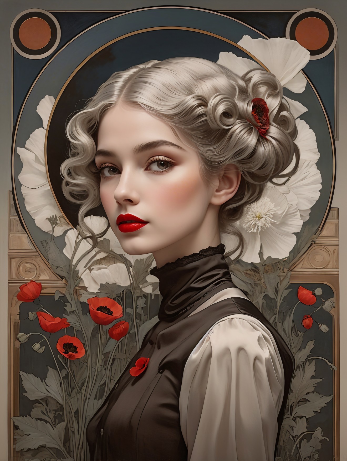 Young Woman with Silver Hair in Vintage Outfit and Flowers