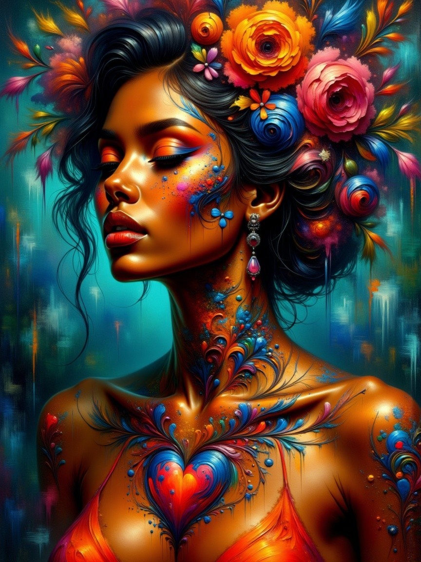 Portrait of a Woman with Floral Hair and Body Art