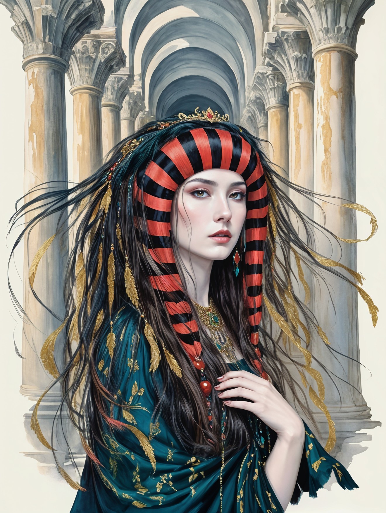 Regal Woman in Grand Architectural Setting with Headdress