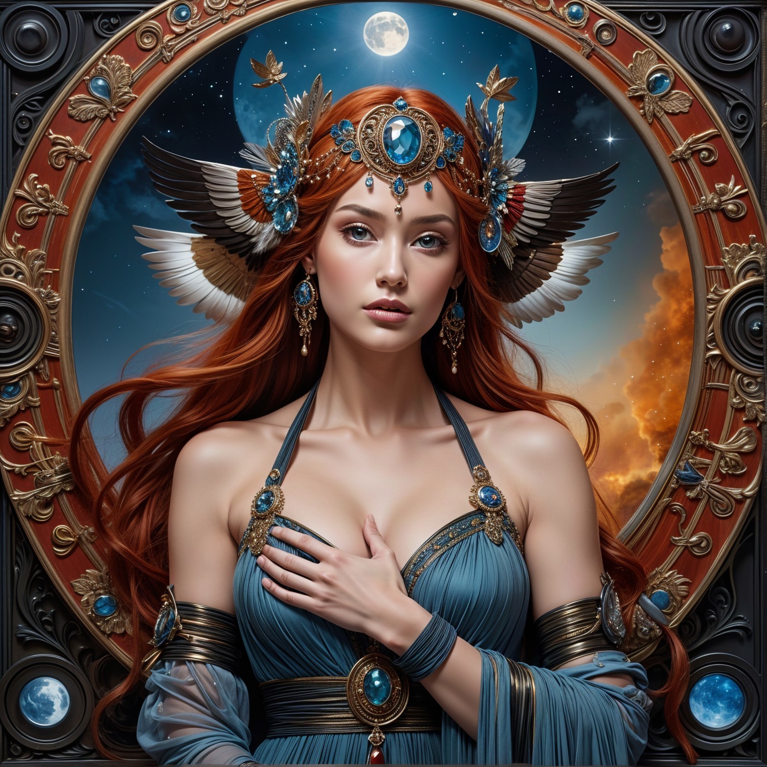 Regal woman in majestic outfit with celestial backdrop