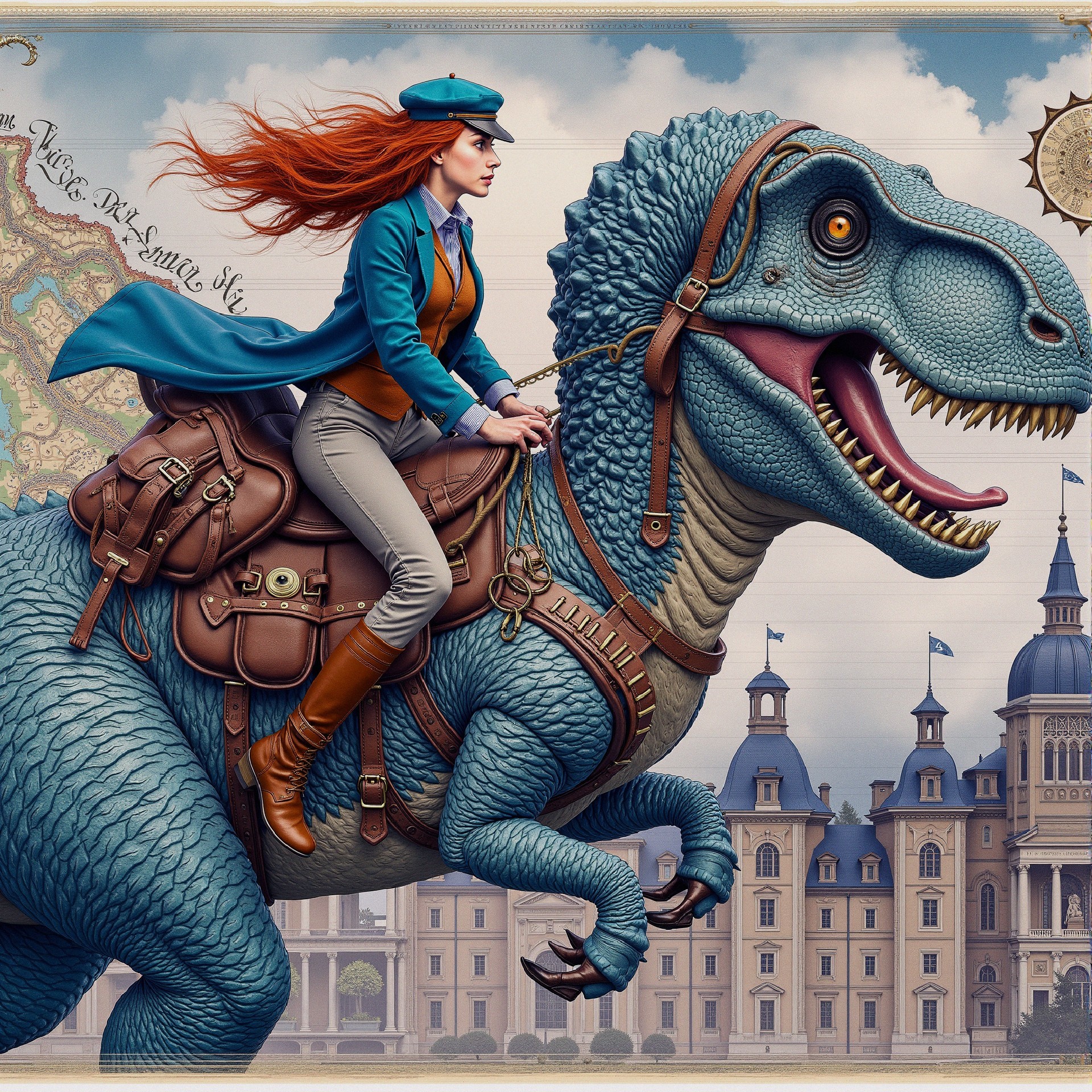 Woman Riding a Blue Dinosaur with Historical Background