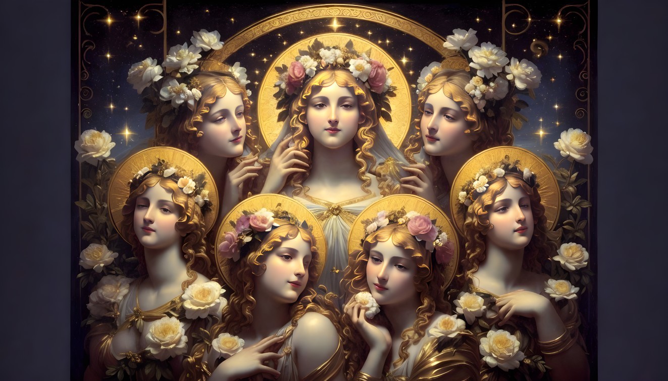 Seven Ethereal Figures in Radiant Glow and Halos