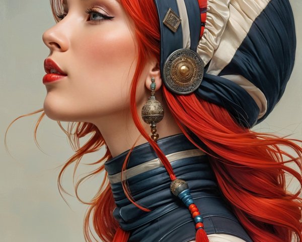 Elegant Woman with Red Hair and Regal Headdress
