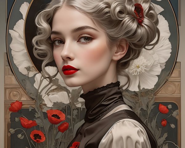 Young Woman with Silver Hair in Vintage Outfit and Flowers