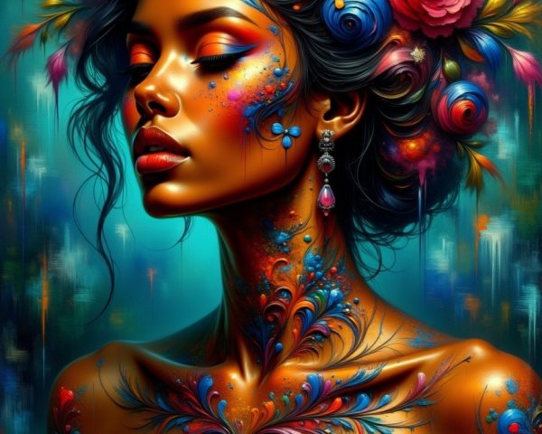 Portrait of a Woman with Floral Hair and Body Art