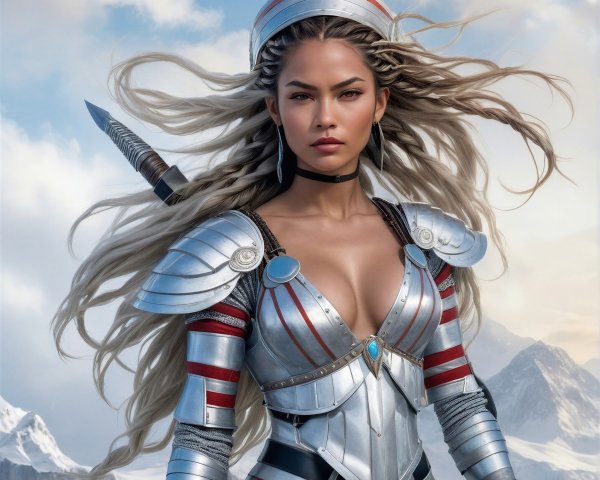 Fierce Warrior in Silver Armor Against Mountain Backdrop