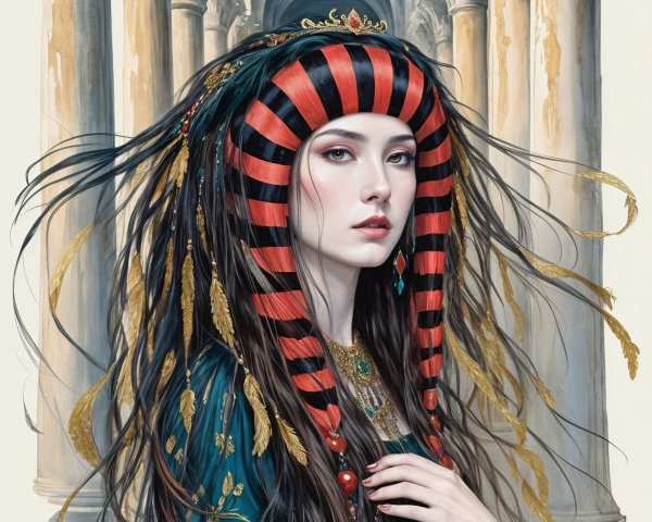 Regal Woman in Grand Architectural Setting with Headdress