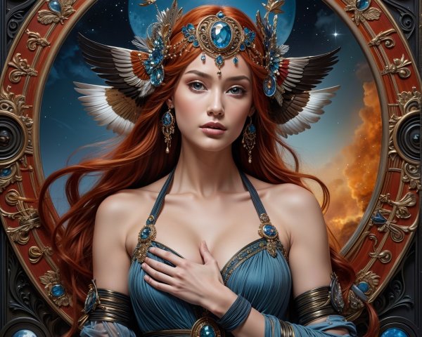 Regal woman in majestic outfit with celestial backdrop