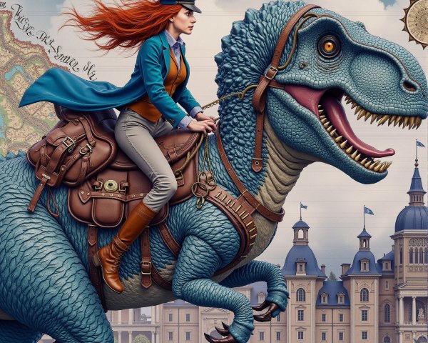 Woman Riding a Blue Dinosaur with Historical Background