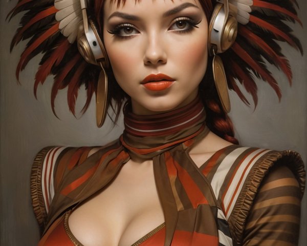 Portrait of a woman with red hair and feathered headgear